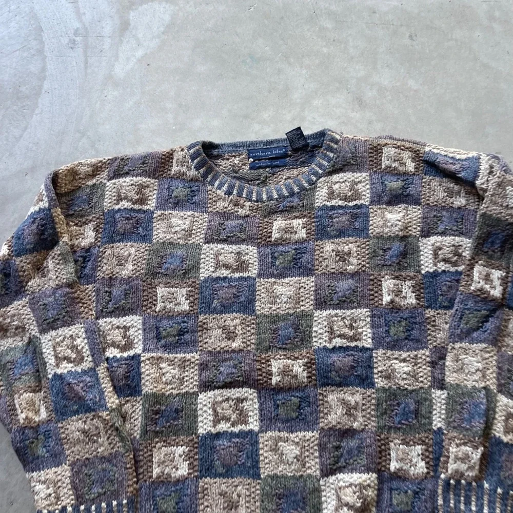 Northern Isles Vintage Hand Knitted Patchwork Sweater Blue Brown Tan Womens M - Picture 2 of 6